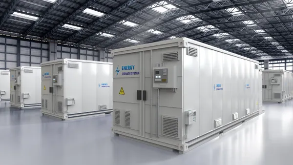 A rendering of energy storage system or battery container units in a factory or warehouse.