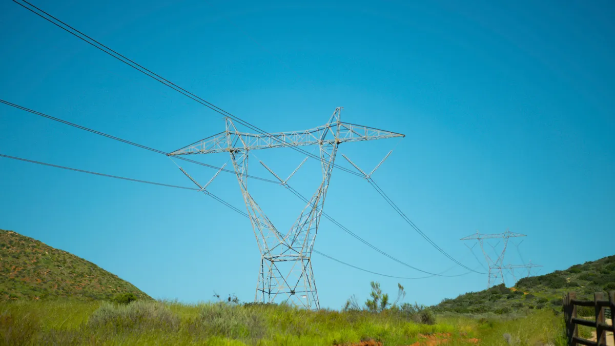 High-voltage power lines and pylons in California.